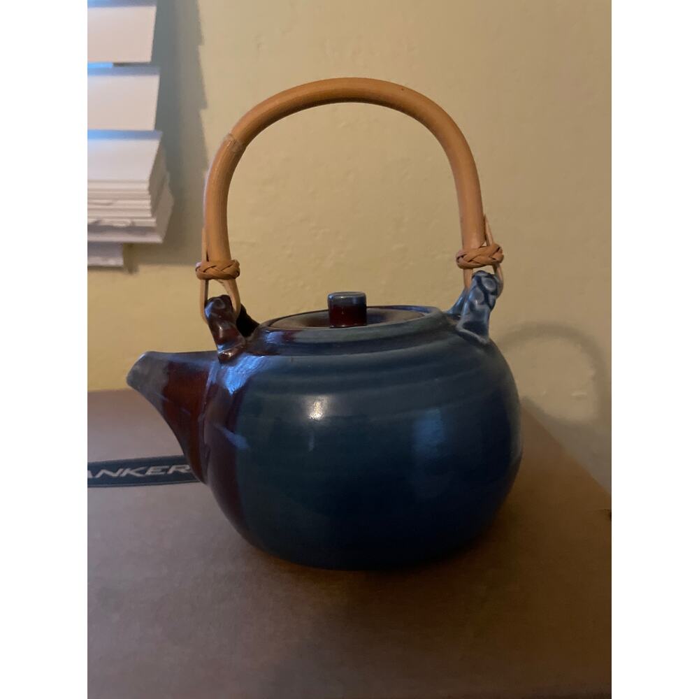 Asian clay  teapot Navy/burgandy with Signature and Bamboo Handle